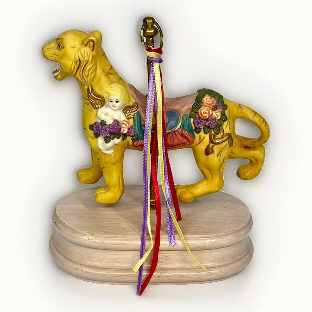 Tiger Carousel Music Box Collectible Cherub Flowers Ribbons- Tested, Works.